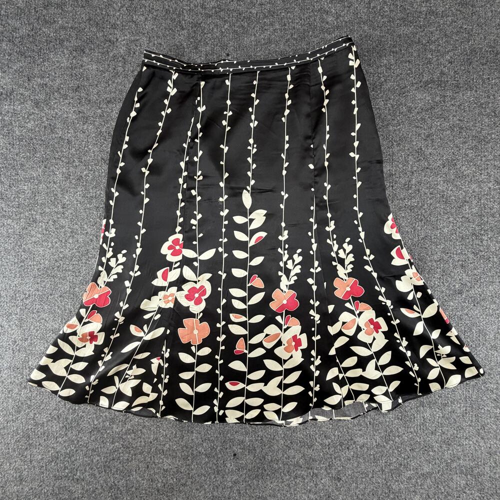 Talbots Skirt Womens 14 Black Floral Silk Flare Lined Midi Career Work Office